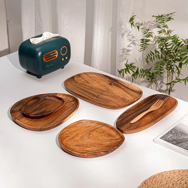 Solid Wood Dinner Plates - Irregular Oval Serving Tray for Fruit, Sushi, Tea & Home Decoration