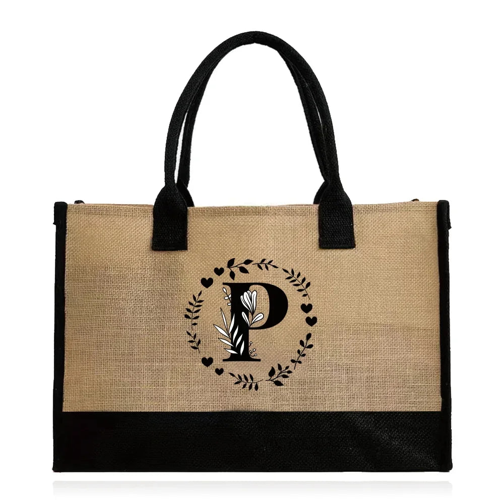 Shopping Bag Burlap Tote Bag - Lightweight Large Capacity Women's Grocery Organizer with Garland Letter Pattern