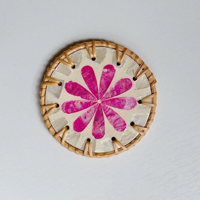 Handmade Colorful Rattan Thermal Insulation Coaster - Shell Flower Pattern Round Table Protection