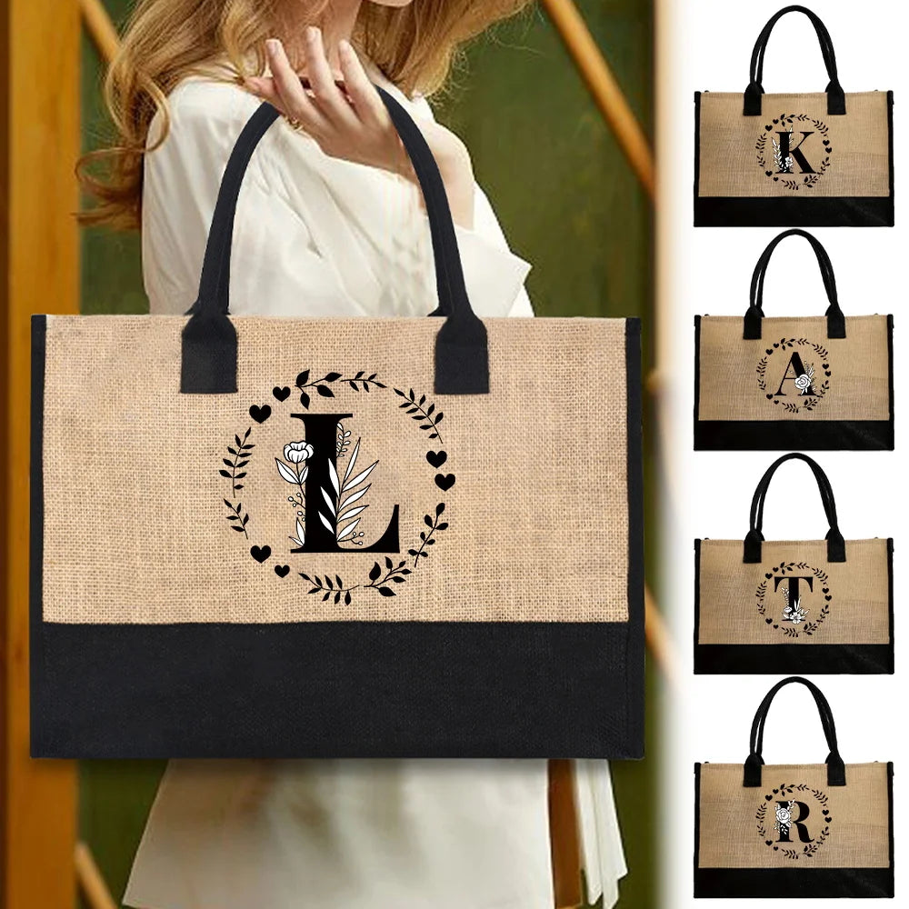 Shopping Bag Burlap Tote Bag - Lightweight Large Capacity Women's Grocery Organizer with Garland Letter Pattern