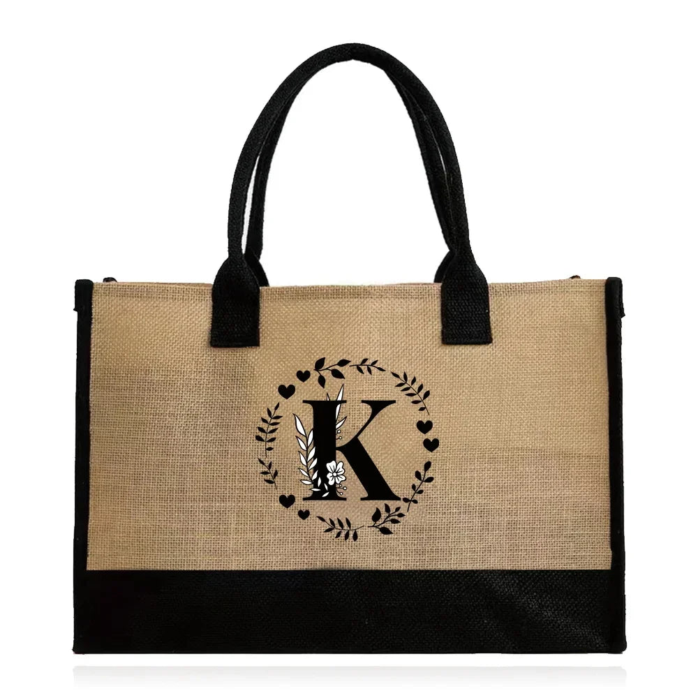Shopping Bag Burlap Tote Bag - Lightweight Large Capacity Women's Grocery Organizer with Garland Letter Pattern