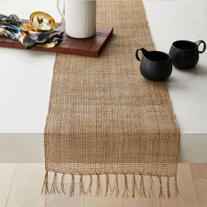 Natural Jute Table Runner with Tassel - Christmas Home Wedding Table Decoration Flag Cloth
