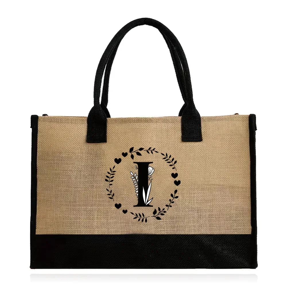 Shopping Bag Burlap Tote Bag - Lightweight Large Capacity Women's Grocery Organizer with Garland Letter Pattern