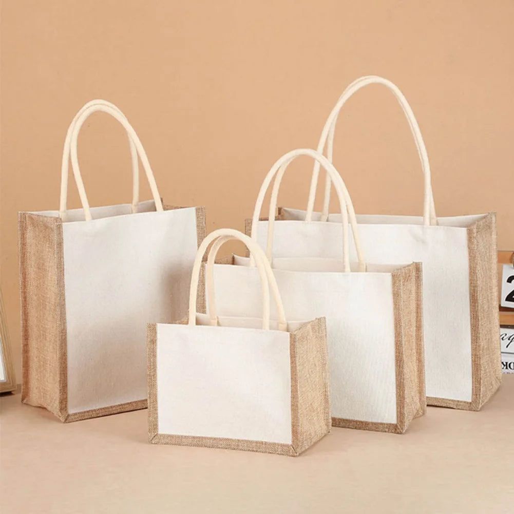 Burlap Jute Tote Bag - Vintage Reusable Grocery Shopping Wedding Gift Handbag with Large Capacity
