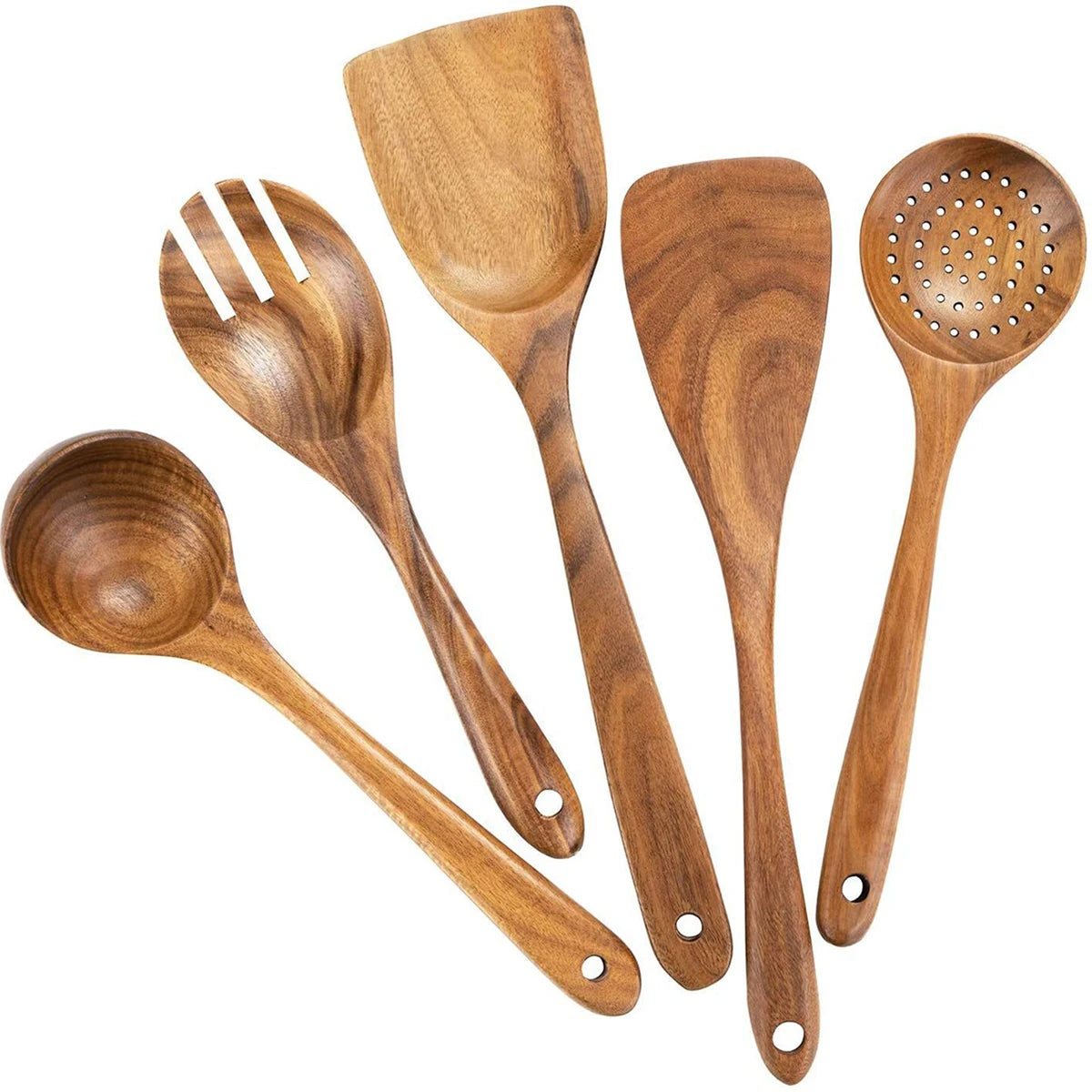 Wood Kitchenware Cooking Set - Household Spatula Spoon Set with Salad Spoon Fork & Storage Bucket