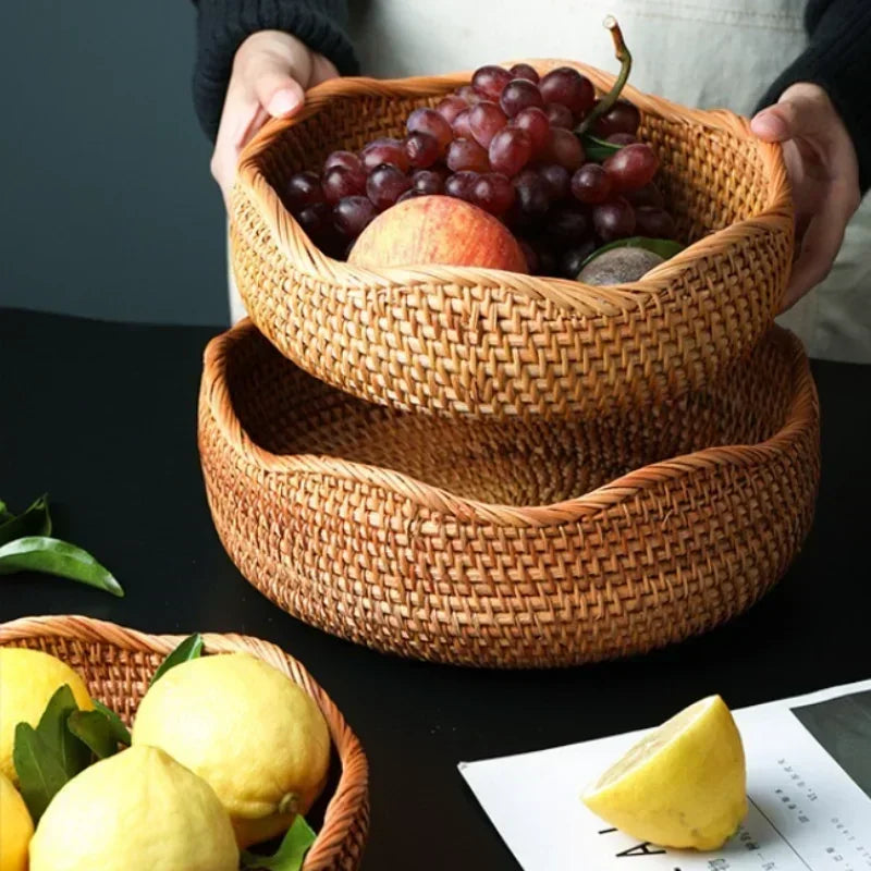 Handwoven Rattan Storage Basket - Wicker Bread Fruit Breakfast Tea Picnic Kitchen Storage Tray