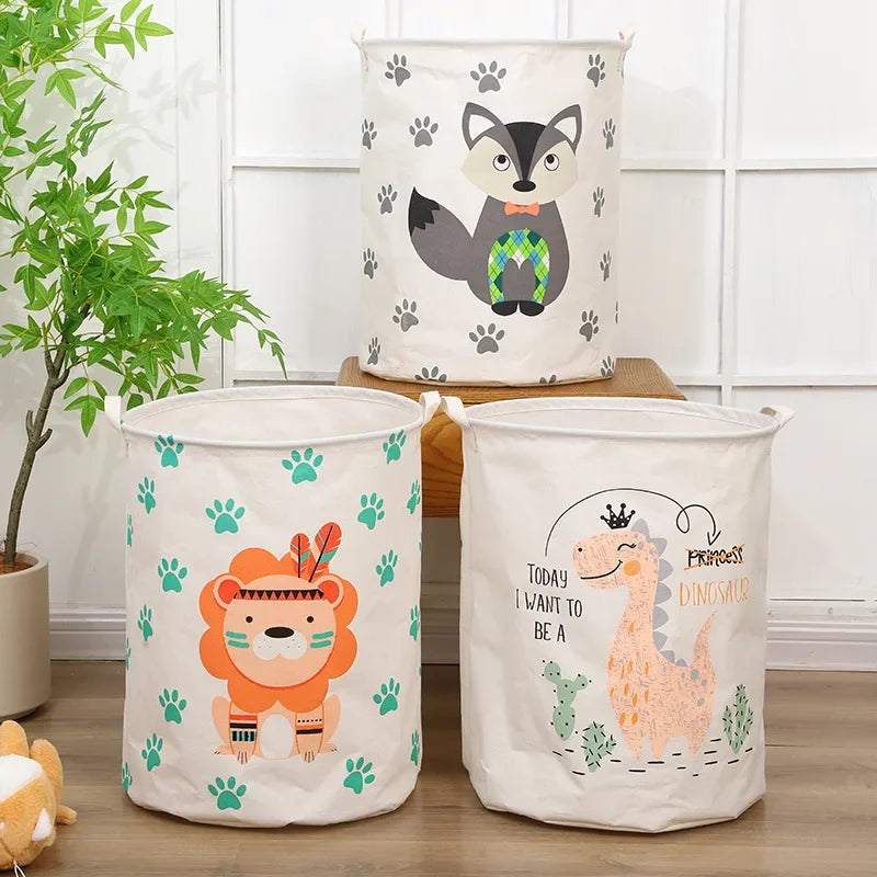 Animal Laundry Toys Organizer Basket - Large Cartoon Canvas Barrel with Handle for Kids