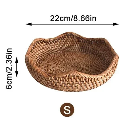 Handwoven Rattan Storage Basket - Wicker Bread Fruit Breakfast Tea Picnic Kitchen Storage Tray