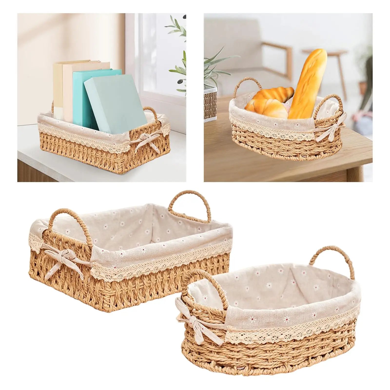 Woven Storage Baskets - Handwoven Kitchen Organizer with Handles for Cosmetics, Fruit & Home Decor