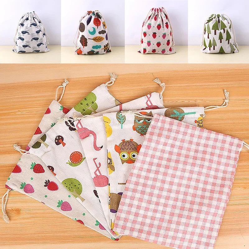 Cute Animal Print Drawstring Storage Bag - Cotton Linen Pouch for Kids, Makeup & Travel Organization