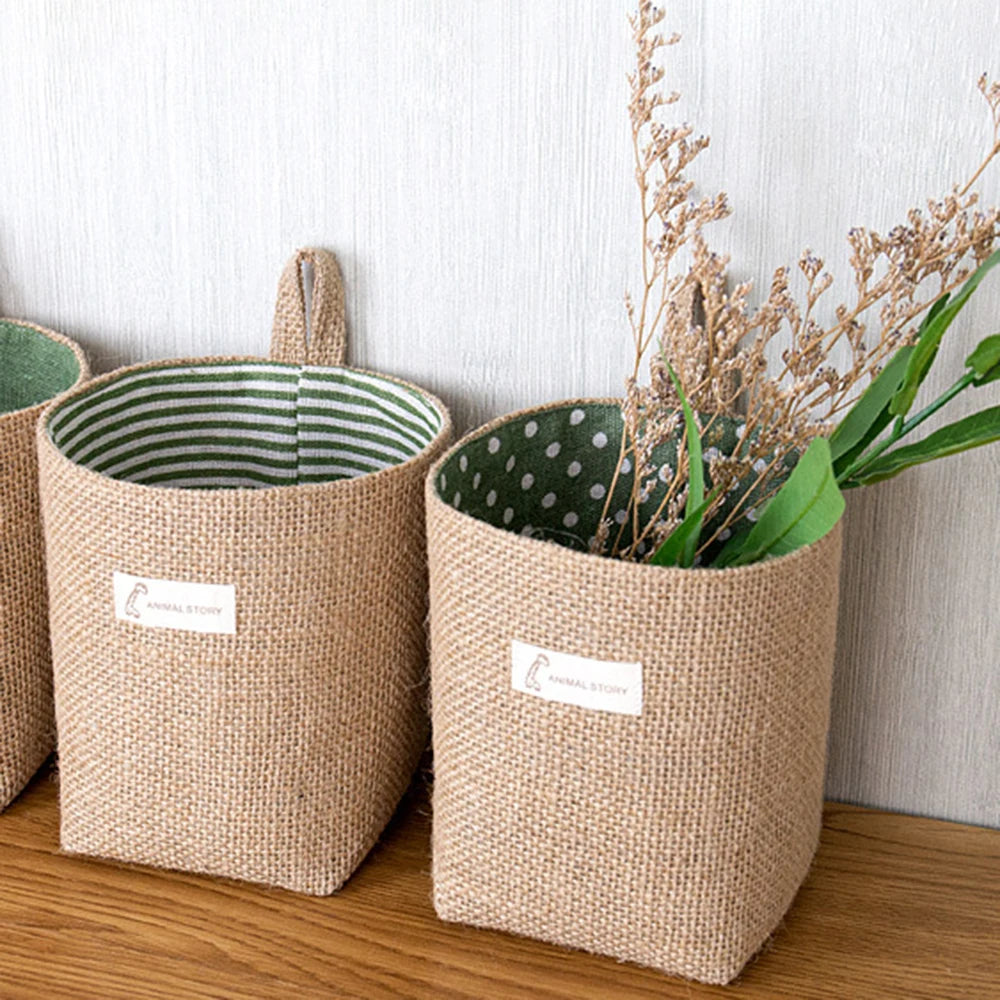 Nordic Style Small Hanging Wall Pocket Storage Basket - Cotton Linen Organizer for Cosmetics & Toys
