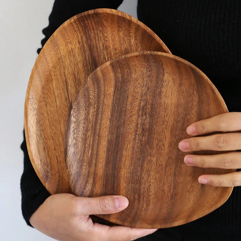 Solid Wood Dinner Plates - Irregular Oval Serving Tray for Fruit, Sushi, Tea & Home Decoration