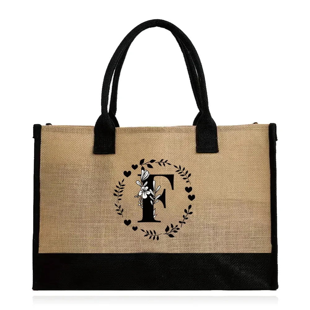Shopping Bag Burlap Tote Bag - Lightweight Large Capacity Women's Grocery Organizer with Garland Letter Pattern