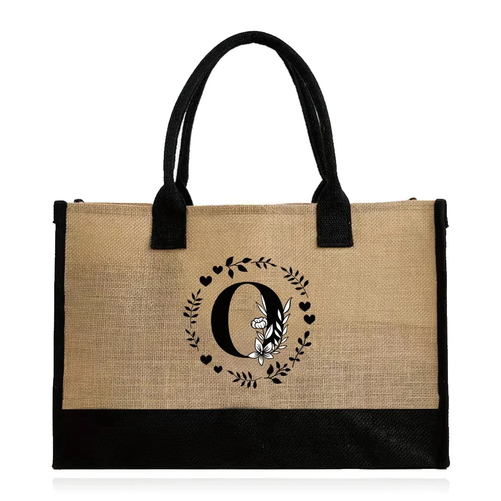 Shopping Bag Burlap Tote Bag - Lightweight Large Capacity Women's Grocery Organizer with Garland Letter Pattern