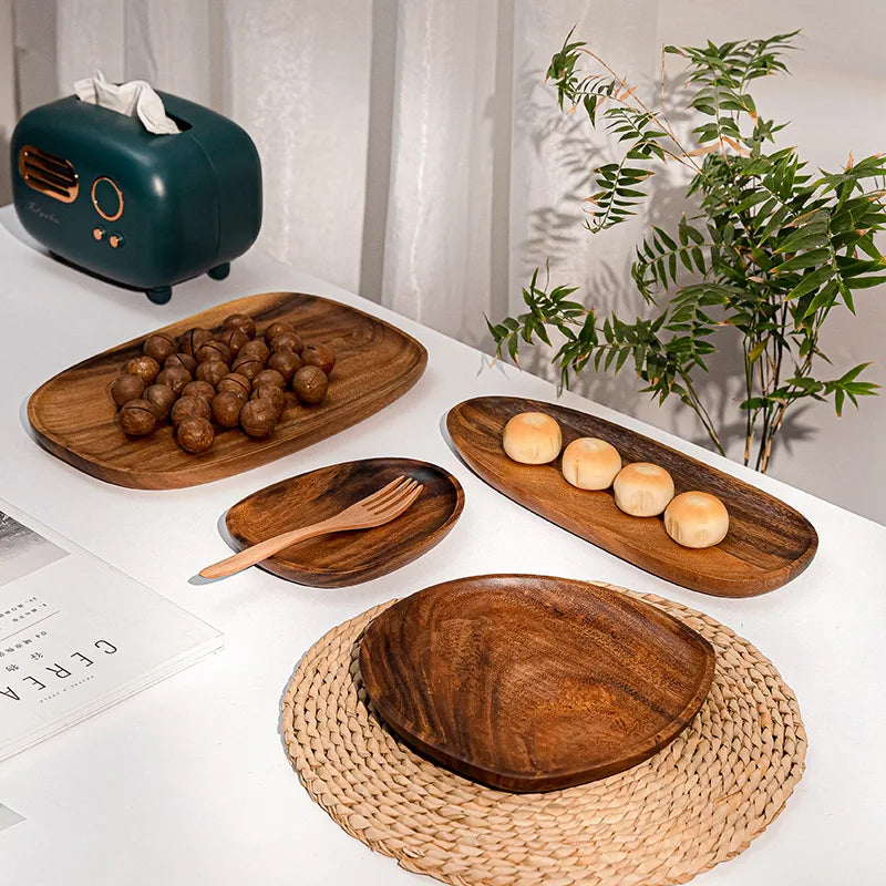Solid Wood Dinner Plates - Irregular Oval Serving Tray for Fruit, Sushi, Tea & Home Decoration