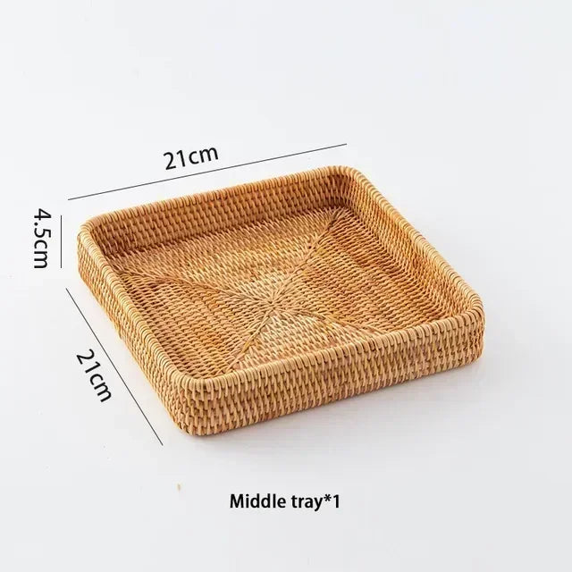 Handwoven Rattan Storage Basket - Wicker Bread Fruit Breakfast Tea Picnic Kitchen Storage Tray