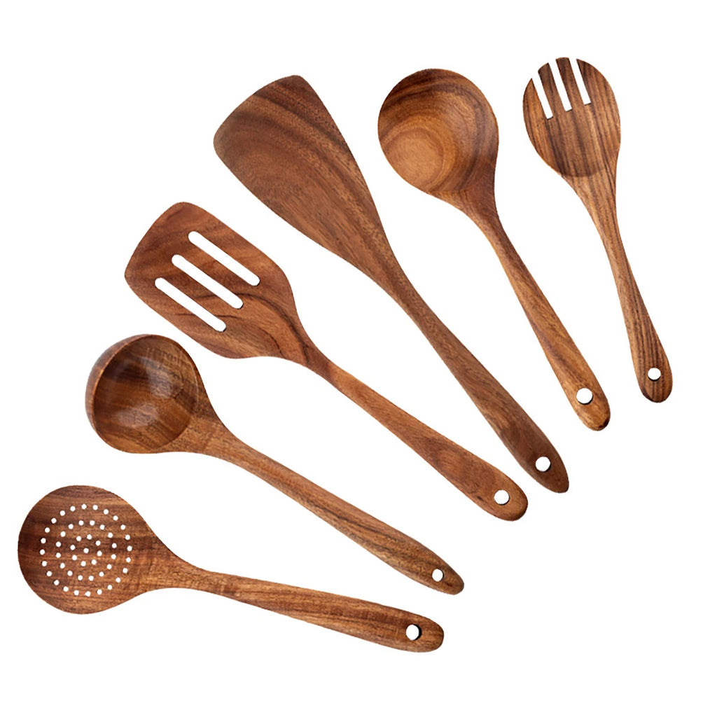 Wood Kitchenware Cooking Set - Household Spatula Spoon Set with Salad Spoon Fork & Storage Bucket