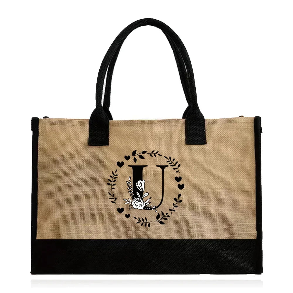 Shopping Bag Burlap Tote Bag - Lightweight Large Capacity Women's Grocery Organizer with Garland Letter Pattern