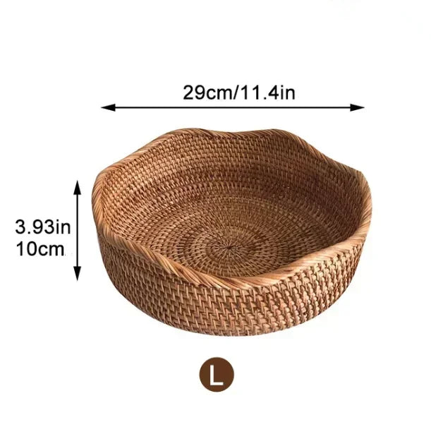 Handwoven Rattan Storage Basket - Wicker Bread Fruit Breakfast Tea Picnic Kitchen Storage Tray