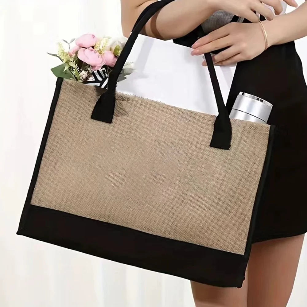 Shopping Bag Burlap Tote Bag - Lightweight Large Capacity Women's Grocery Organizer with Garland Letter Pattern