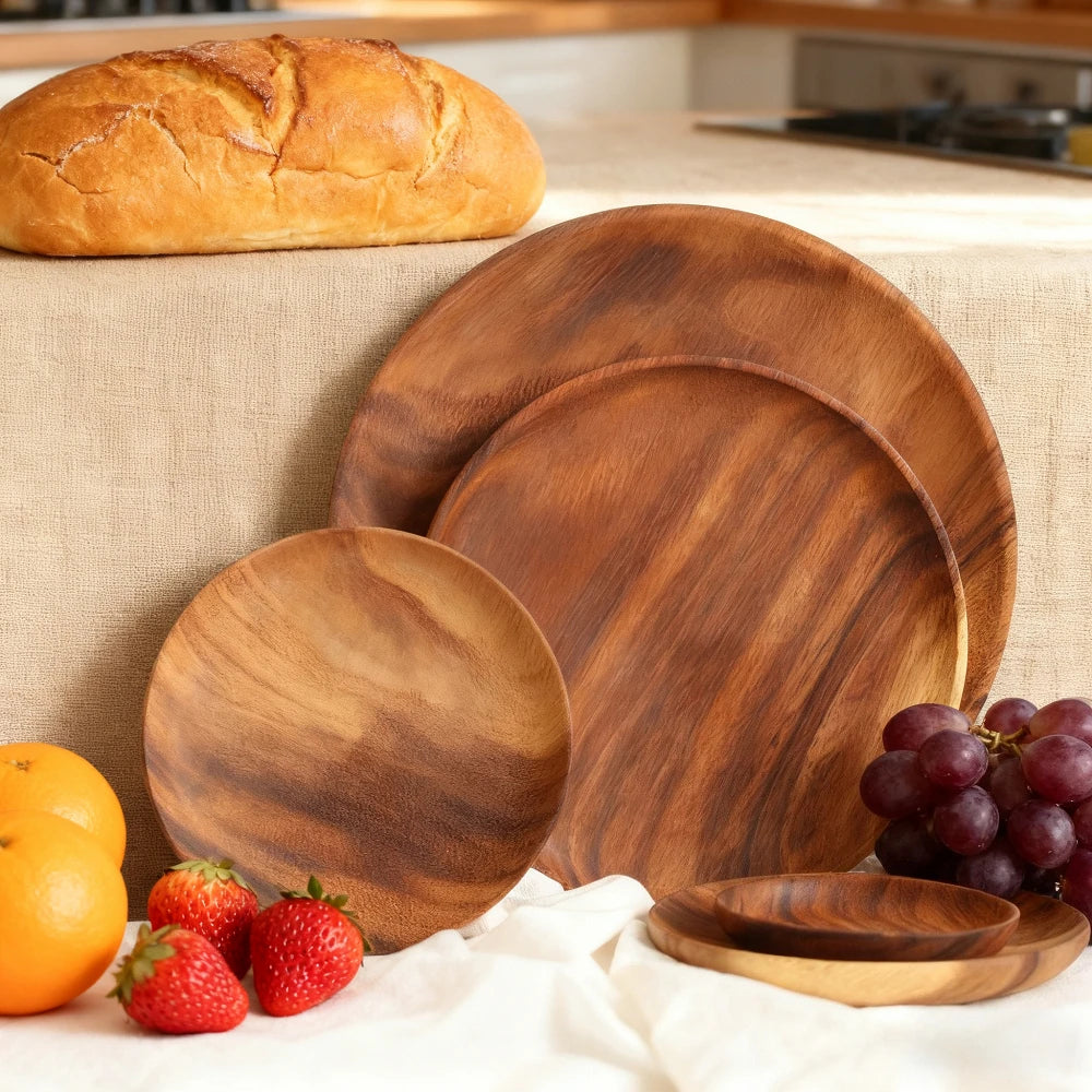 Acacia Wood Dinner Plate - Round Wood Plate for Fruits, Dishes, Snacks, Dessert, Sushi & Salad Serving Tray