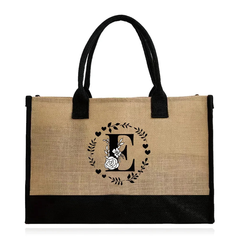 Shopping Bag Burlap Tote Bag - Lightweight Large Capacity Women's Grocery Organizer with Garland Letter Pattern