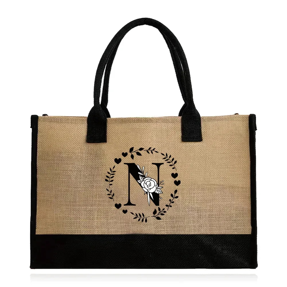 Shopping Bag Burlap Tote Bag - Lightweight Large Capacity Women's Grocery Organizer with Garland Letter Pattern