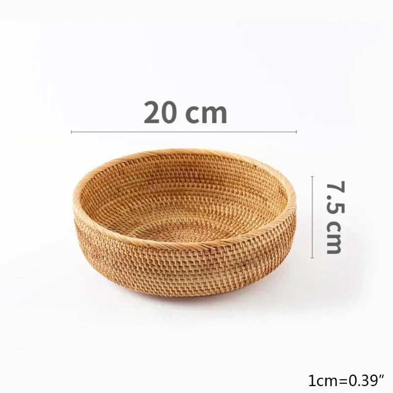 Handwoven Rattan Storage Basket - Wicker Bread Fruit Breakfast Tea Picnic Kitchen Storage Tray