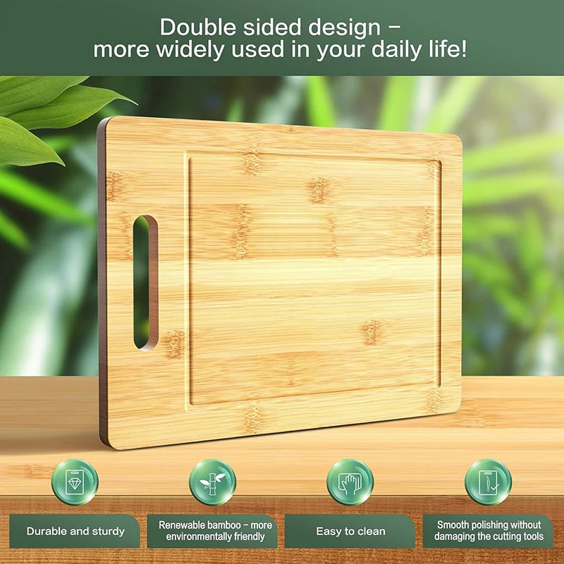 Bamboo Kitchen Cutting Board - Double-Sided Rectangular Thickened Solid Wood Cutting Board for Fruit, Veggies & Meat