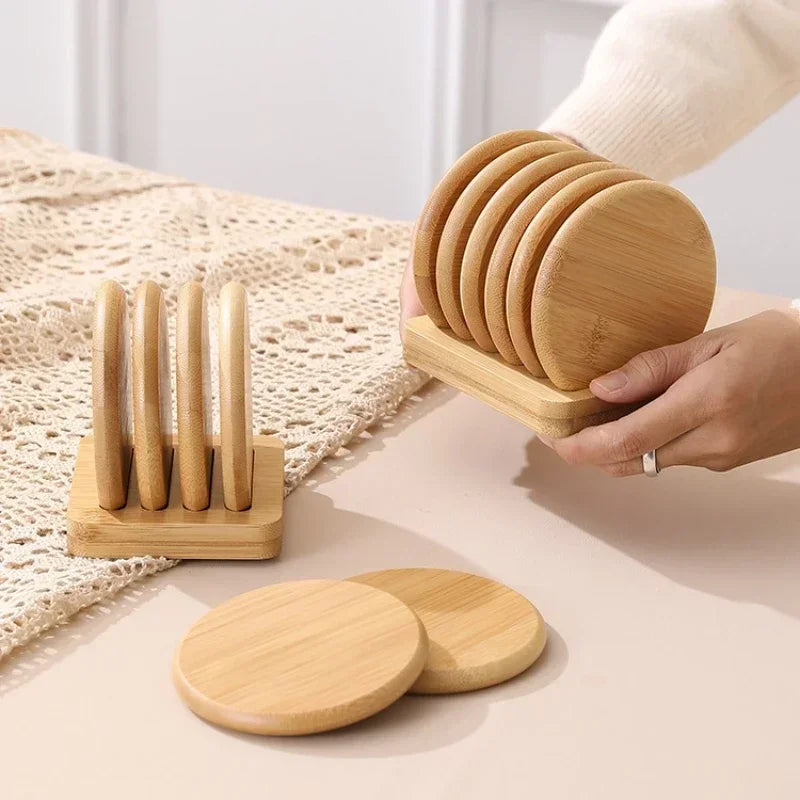 Bamboo Base Coaster Set - Simple Creative Cup Holder Round Insulation Pad Tea Display Rack