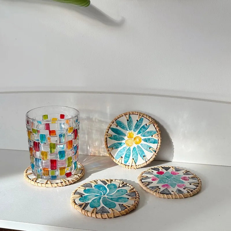 Handmade Colorful Rattan Thermal Insulation Coaster - Shell Flower Pattern Round Table Protection