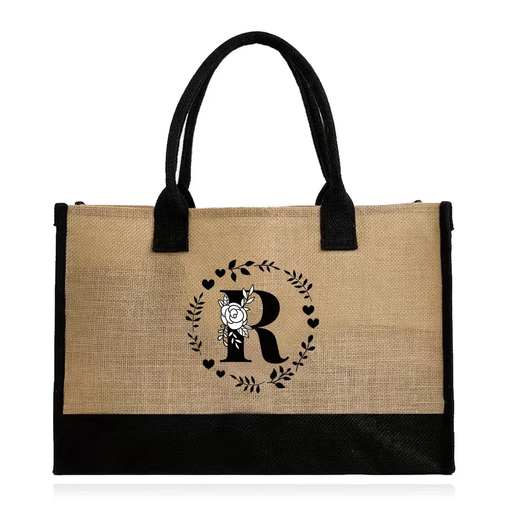 Shopping Bag Burlap Tote Bag - Lightweight Large Capacity Women's Grocery Organizer with Garland Letter Pattern