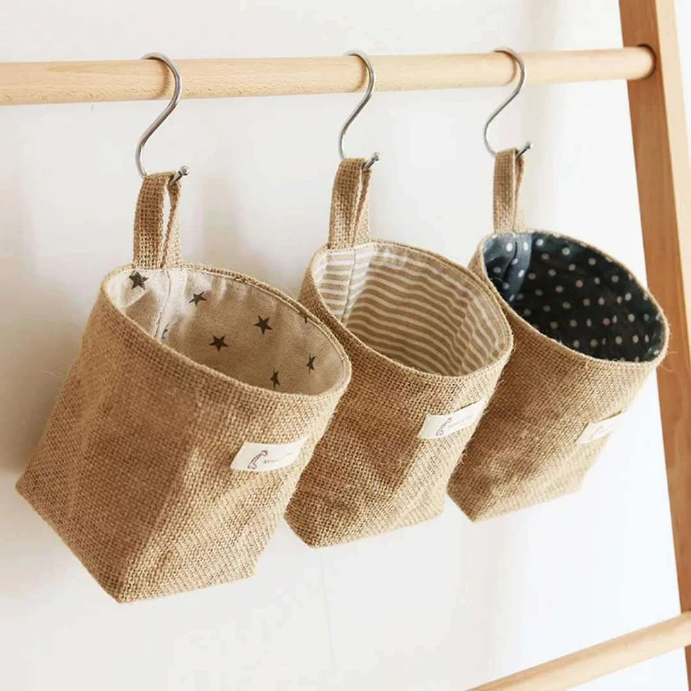Nordic Style Small Hanging Wall Pocket Storage Basket - Cotton Linen Organizer for Cosmetics & Toys