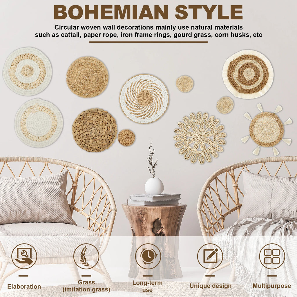 11Pcs Woven Wall Basket Decor - Handmade Rattan Wicker Aesthetic Wall Baskets for Home Decoration