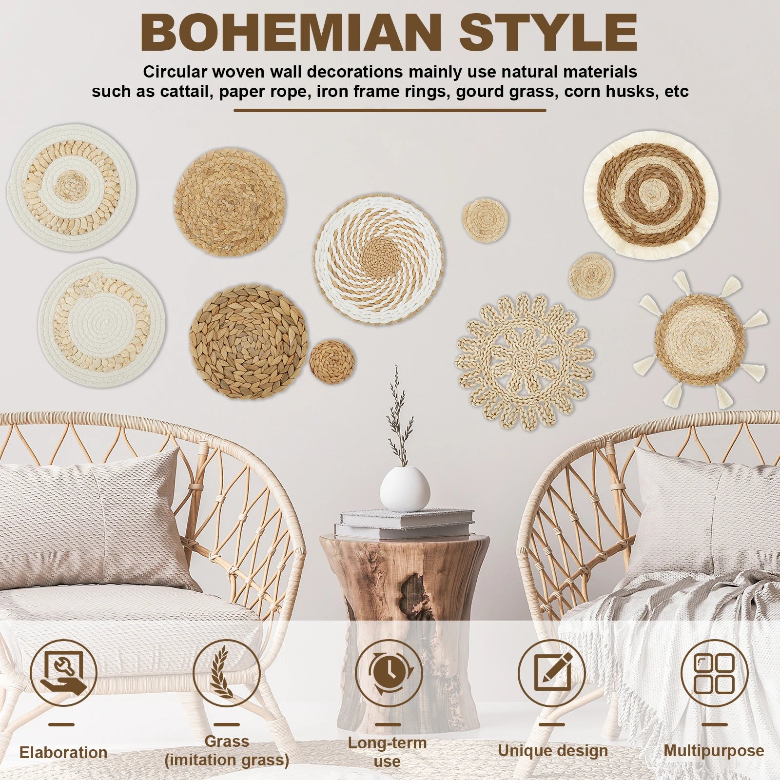 11Pcs Woven Wall Basket Decor - Handmade Rattan Wicker Aesthetic Wall Baskets for Home Decoration