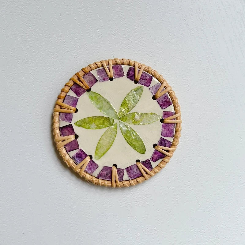 Handmade Colorful Rattan Thermal Insulation Coaster - Shell Flower Pattern Round Table Protection
