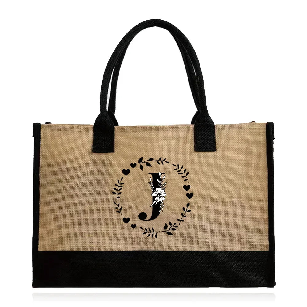 Shopping Bag Burlap Tote Bag - Lightweight Large Capacity Women's Grocery Organizer with Garland Letter Pattern