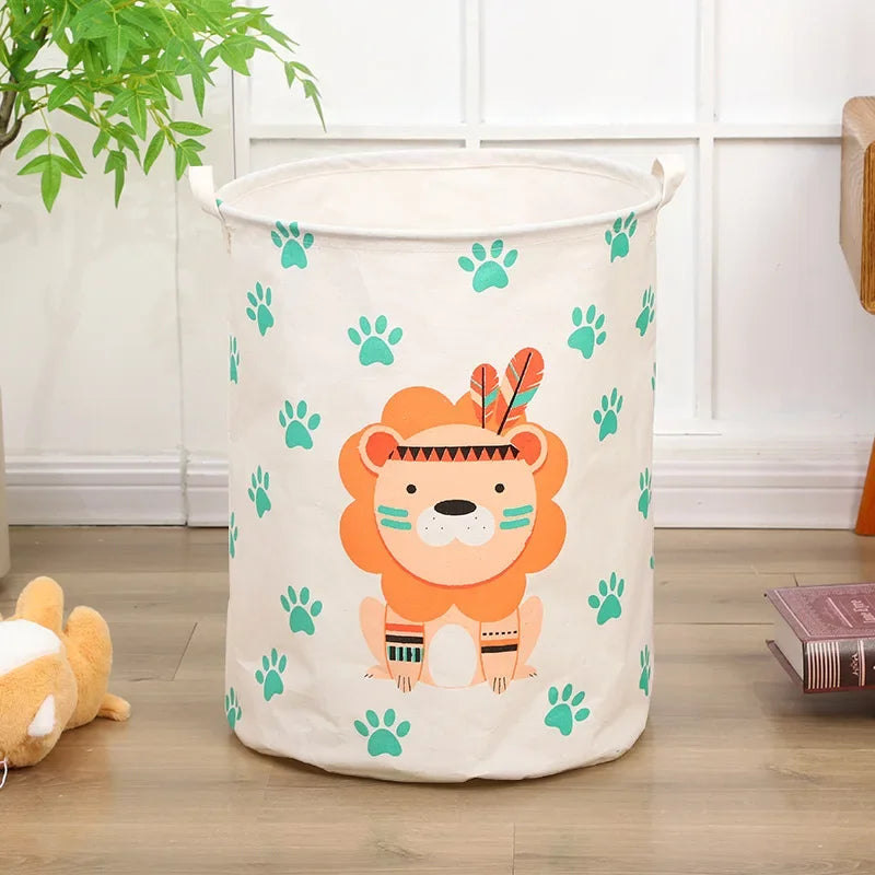 Animal Laundry Toys Organizer Basket - Large Cartoon Canvas Barrel with Handle for Kids