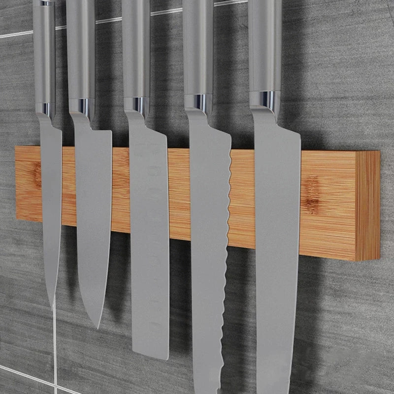 Powerful Magnetic Knife Holder Strip - Wood Bamboo Kitchen Knife Rack Wall Mount Japanese Slicing Magnet Block