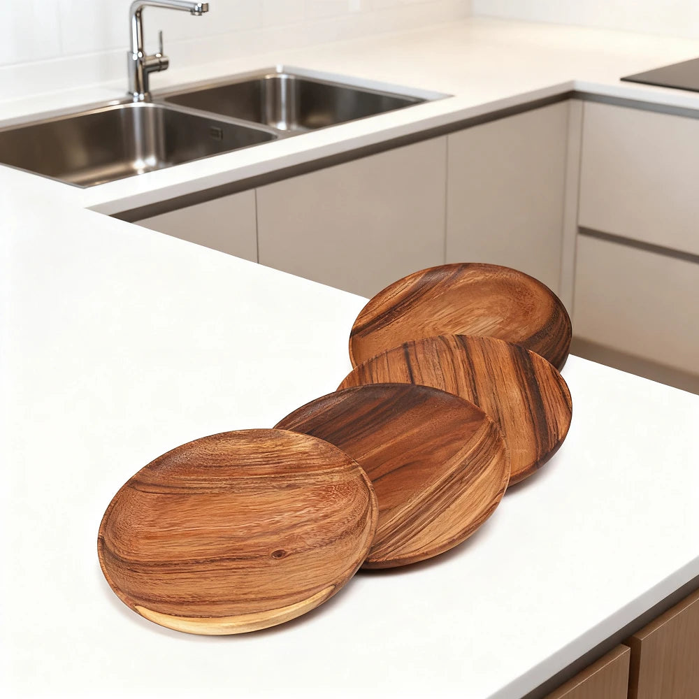 Acacia Wood Dinner Plate - Round Wood Plate for Fruits, Dishes, Snacks, Dessert, Sushi & Salad Serving Tray
