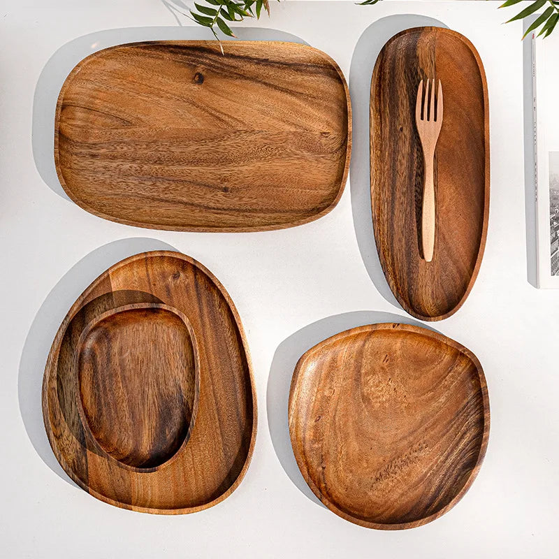 Solid Wood Dinner Plates - Irregular Oval Serving Tray for Fruit, Sushi, Tea & Home Decoration