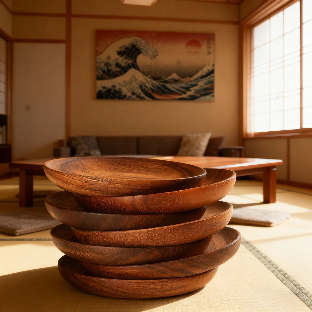 Acacia Wood Dinner Plate - Round Wood Plate for Fruits, Dishes, Snacks, Dessert, Sushi & Salad Serving Tray