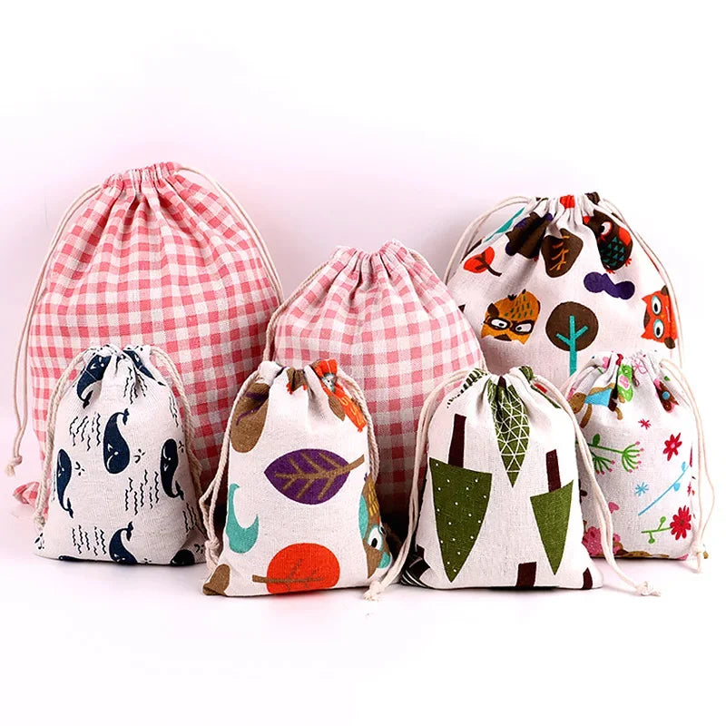Cute Animal Print Drawstring Storage Bag - Cotton Linen Pouch for Kids, Makeup & Travel Organization