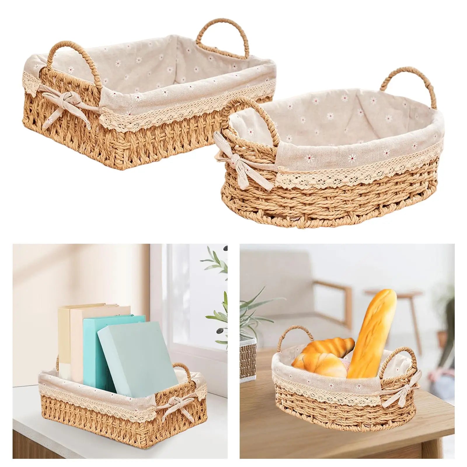 Woven Storage Baskets - Handwoven Kitchen Organizer with Handles for Cosmetics, Fruit & Home Decor