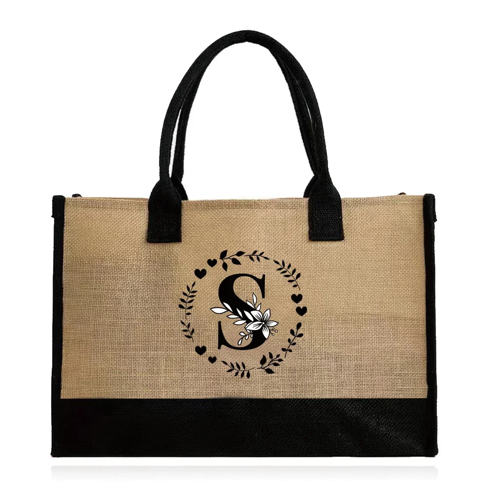 Shopping Bag Burlap Tote Bag - Lightweight Large Capacity Women's Grocery Organizer with Garland Letter Pattern