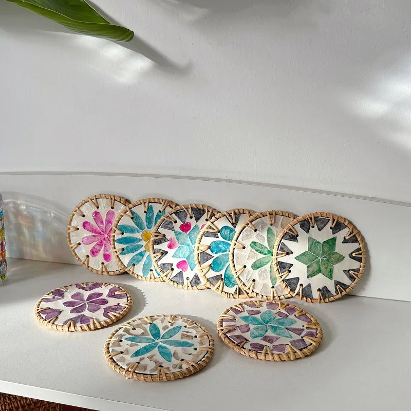 Handmade Colorful Rattan Thermal Insulation Coaster - Shell Flower Pattern Round Table Protection