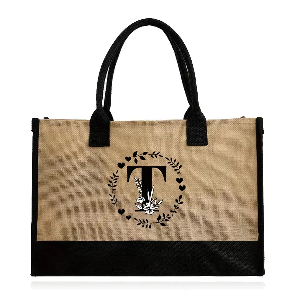 Shopping Bag Burlap Tote Bag - Lightweight Large Capacity Women's Grocery Organizer with Garland Letter Pattern