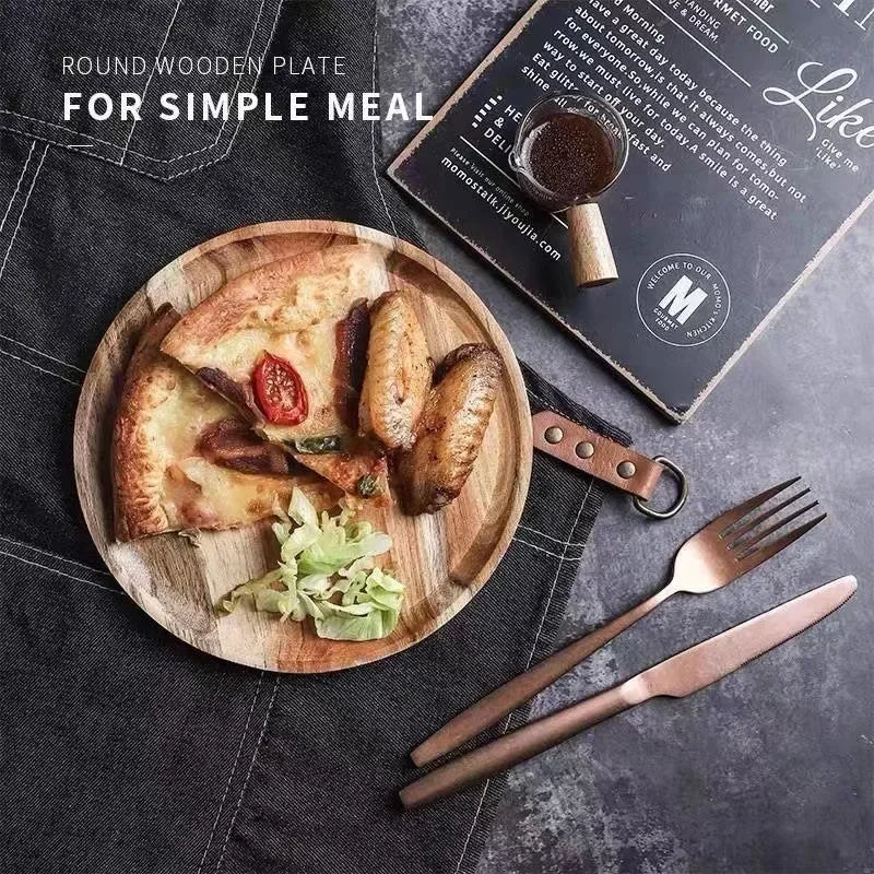 Solid Wood Round Plate - Simple Japanese Style Design Decorative Serving Tray Large Capacity Food Dish