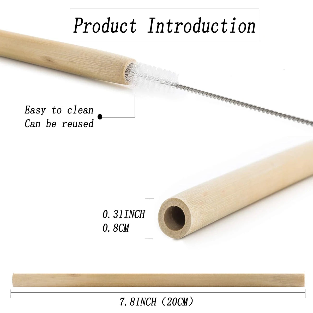 Natural Bamboo Drinking Straw 7.8" - Eco-Friendly Reusable Straws with Clean Brush (0.8x20cm)