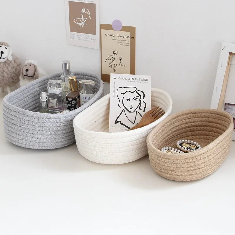 Nordic Cotton Rope Woven Storage Baskets - Multi-Purpose Desktop Organizer for Cosmetics, Keys & Sundries